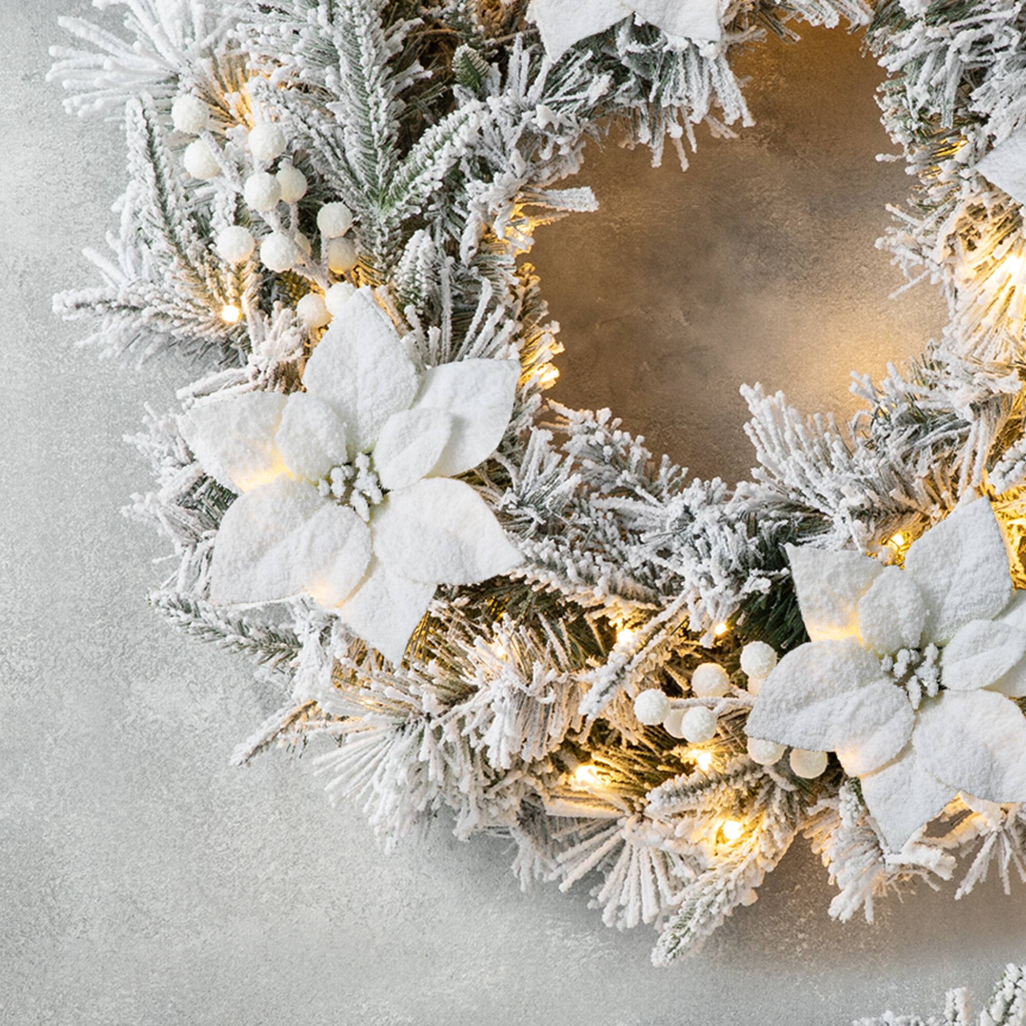 Glitzhome® 24" Pre-Lit Snow Flocked Greenery Pine Poinsettia Christmas Wreath